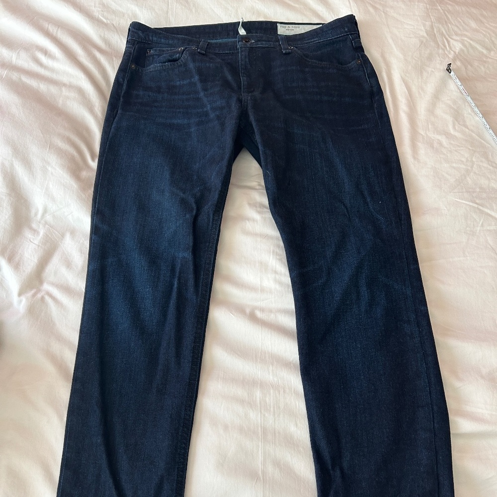 Rag & Bone "Dre" low-rise slim boyfriend jeans in Esme dark blue wash, size 28